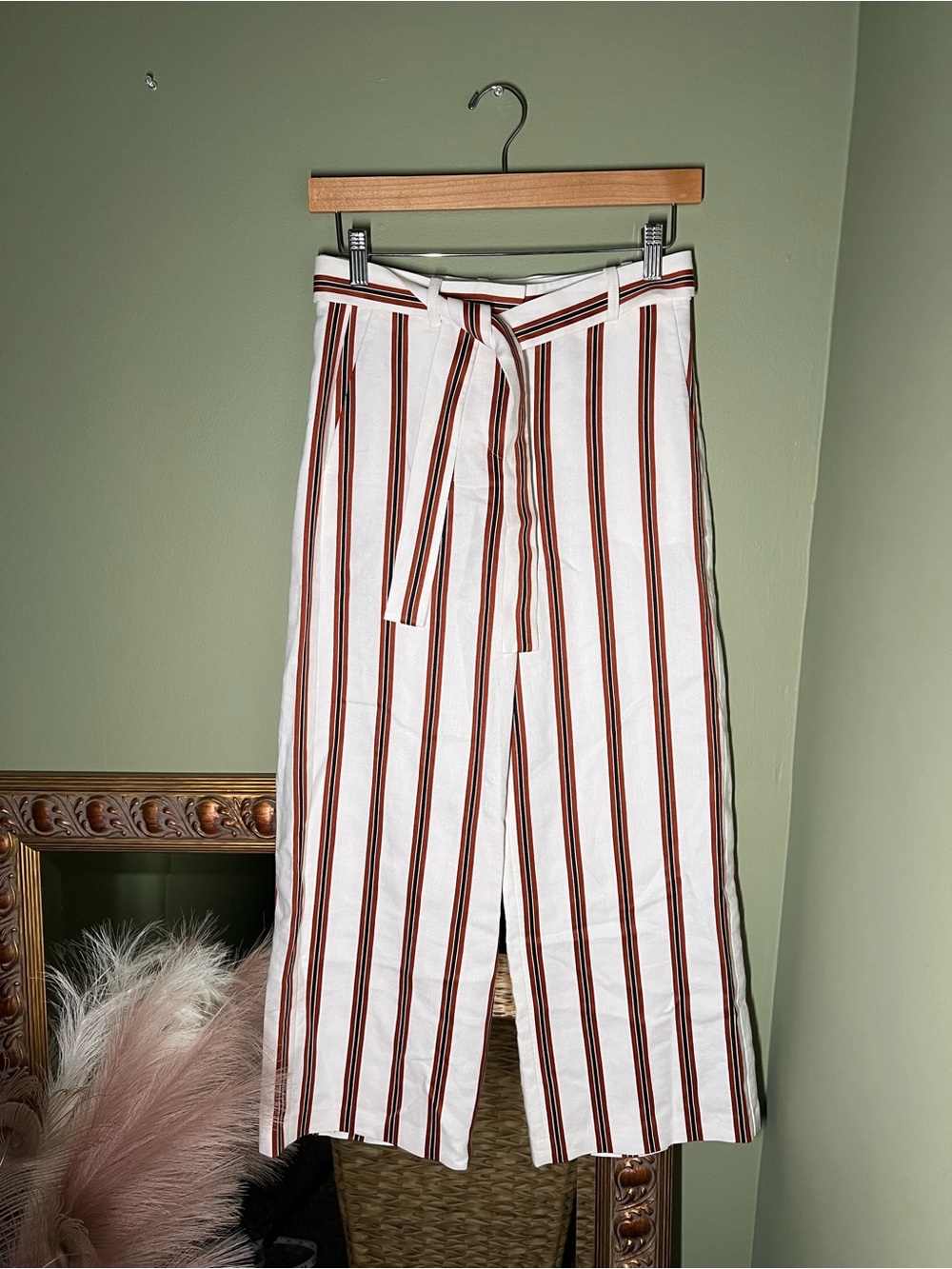 Maje White Wide-Leg Pants with Rust and Brown Stripes
